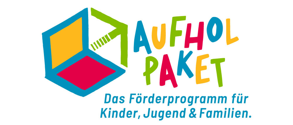 Würfel-Logo Aufholpaket BMFSFJ mit Schriftzug Aufholpaket das Förderprogramm für Kinder, Jugend und Familien